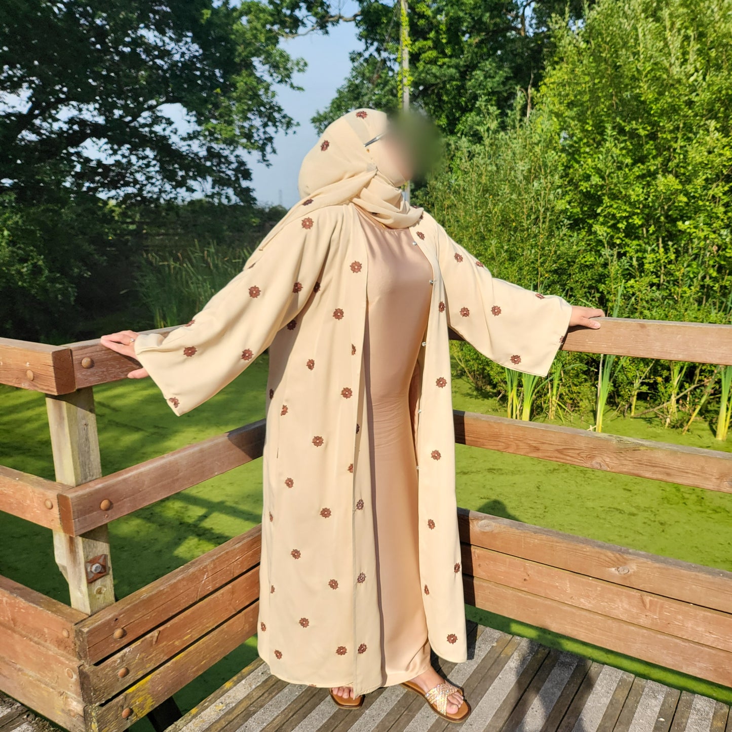 Al Shamas Abaya 》Sand Floral Embroidered Abaya with Matching Hijab