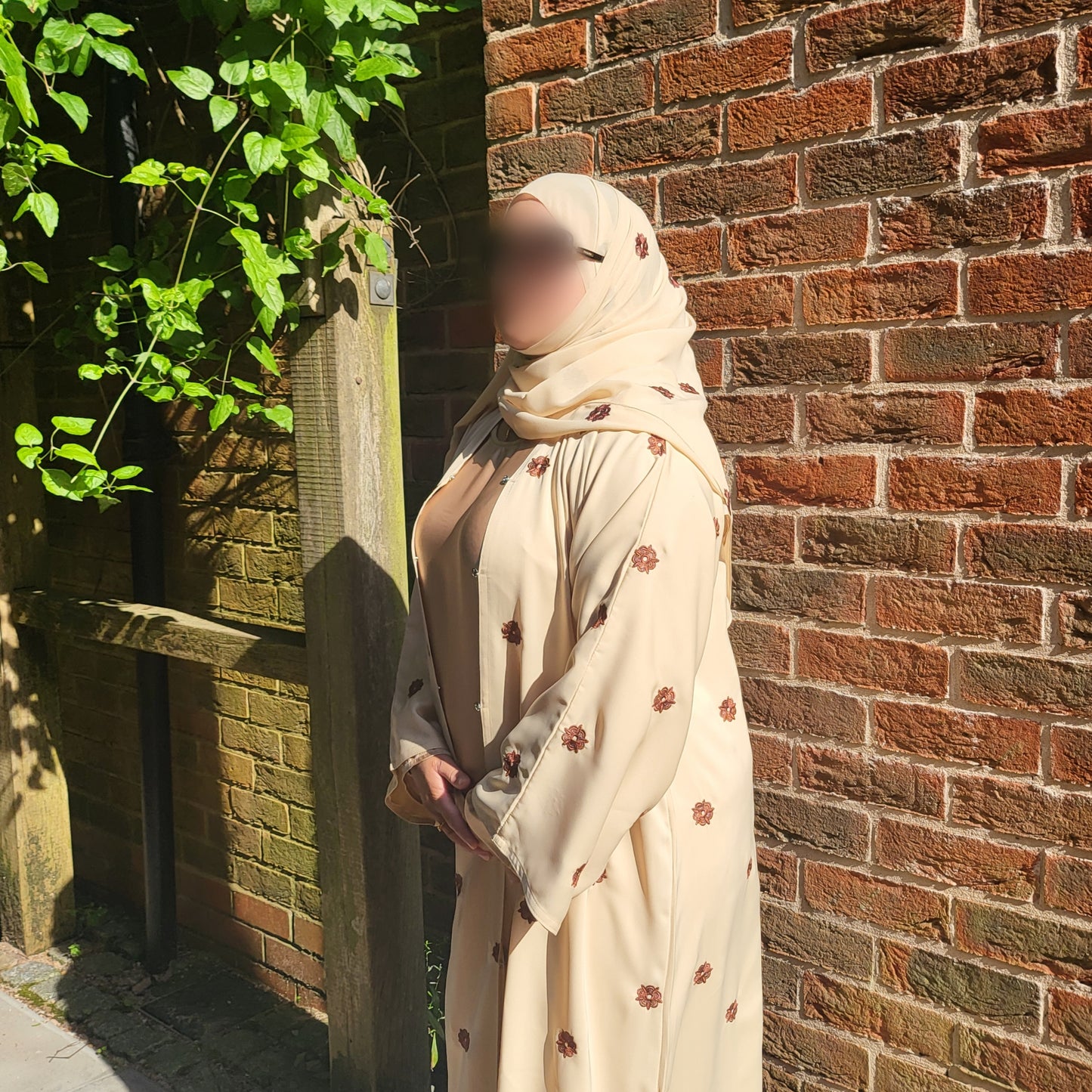 Al Shamas Abaya 》Sand Floral Embroidered Abaya with Matching Hijab