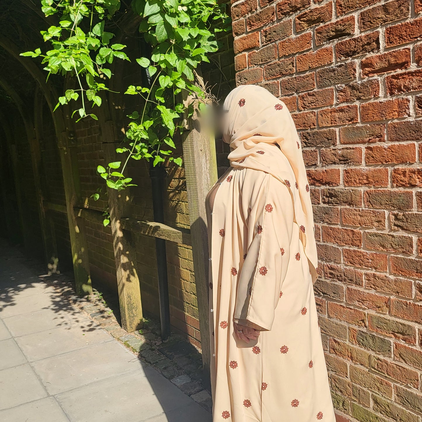 Al Shamas Abaya 》Sand Floral Embroidered Abaya with Matching Hijab