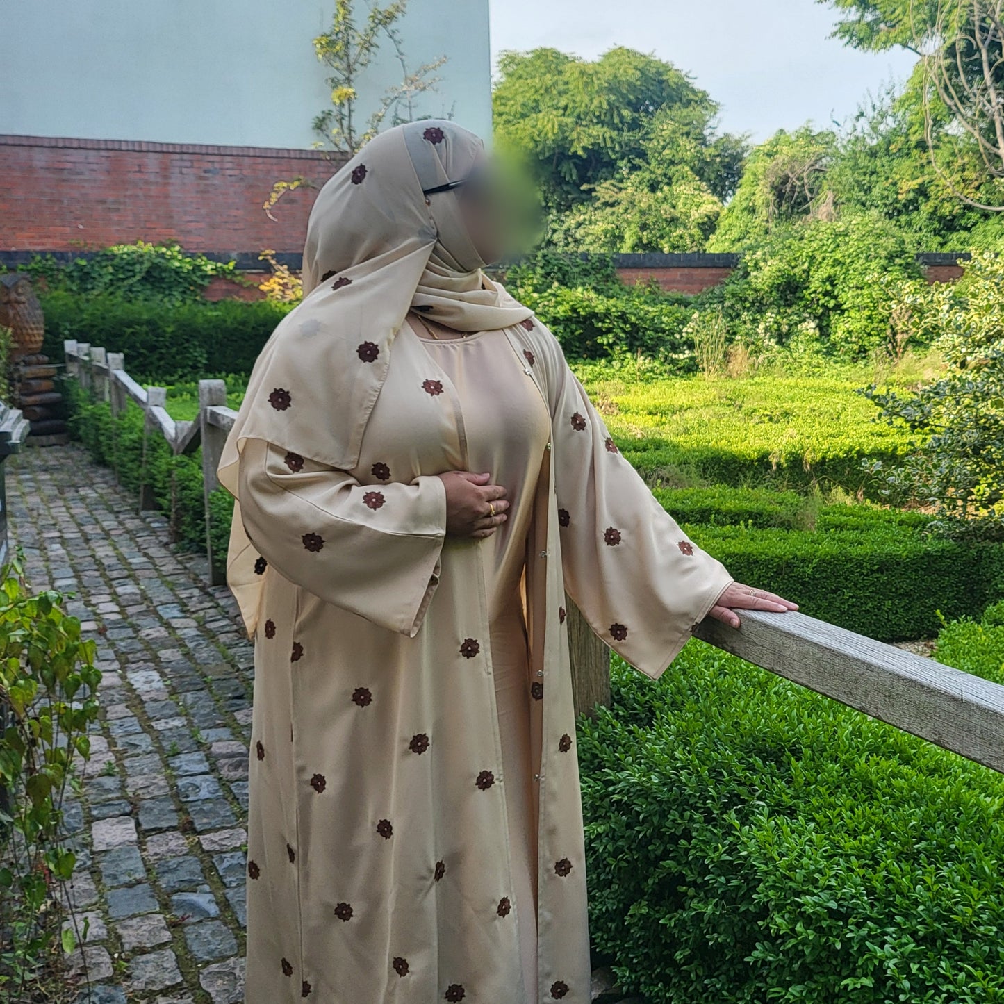 Al Shamas Abaya 》Sand Floral Embroidered Abaya with Matching Hijab