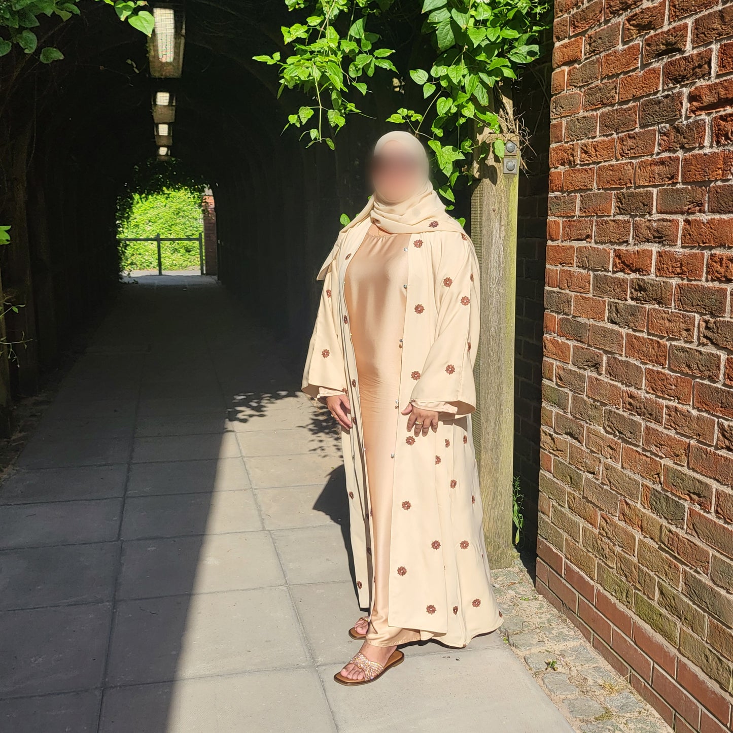 Al Shamas Abaya 》Sand Floral Embroidered Abaya with Matching Hijab